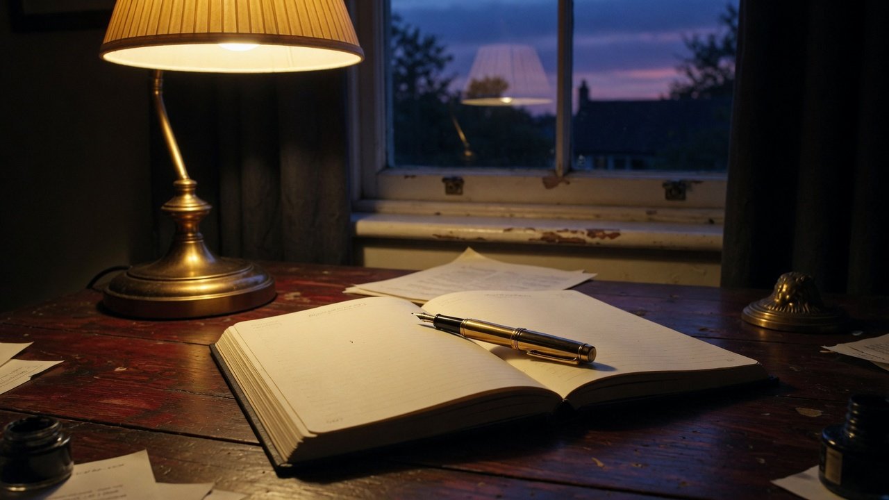 A notebook and fountain pen on a desk at dusk