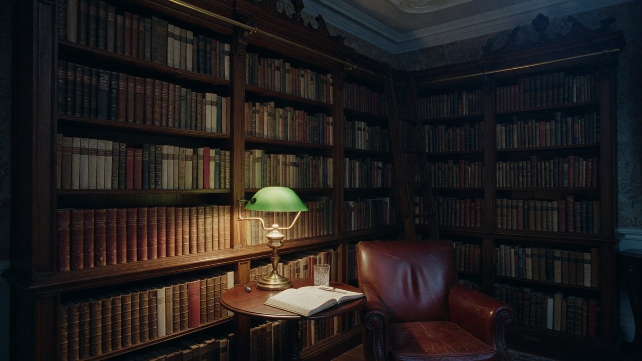 A private library at night with a brass lamp