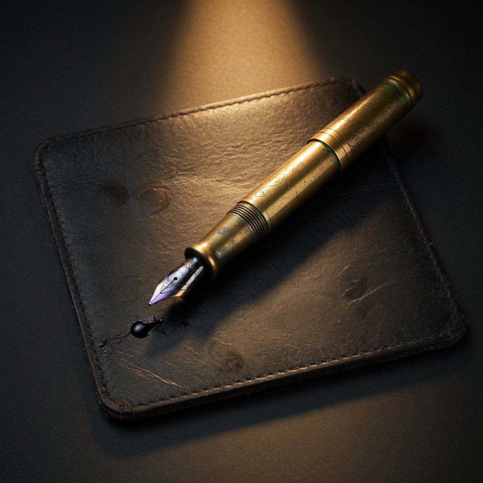 A brass fountain pen on a leather blotter