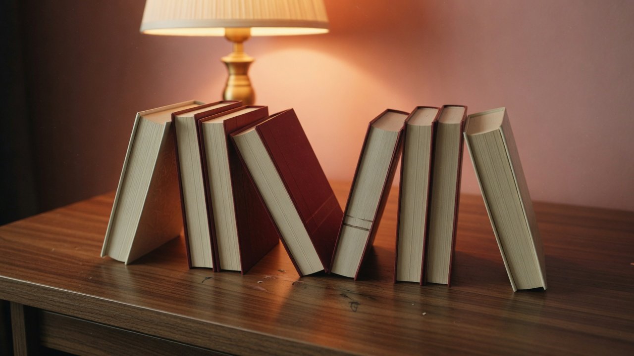 A row of clothbound books on a desk